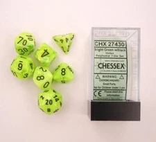 Chessex Polyhedral 7 Die Vortex Bright Green w/ Black Numbers Dice CHX 27430