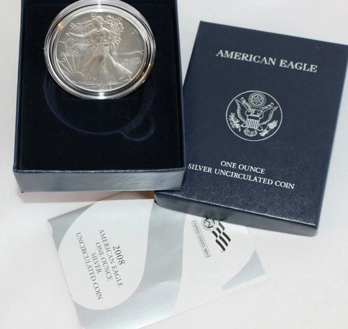 2008 W BU American Silver Eagle Dollar Burnished ASE Coin with Box and COA