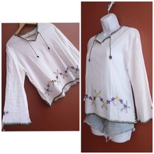 Vintage 90er wei&szlig; K&auml;setuch Baumwolle Blumen bestickt Tunika Top 10 12 M Hippie