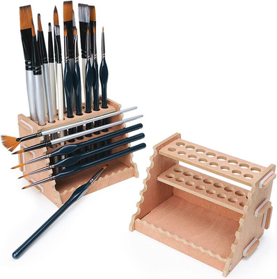Wooden Paint Brush Holder for 44 Brushes - Desk Stand Paintbrush Organizer, Hold