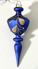 Blue Finial Glass Christmas Ornament Gold Blue Glitter w/Rhinestones 1/2