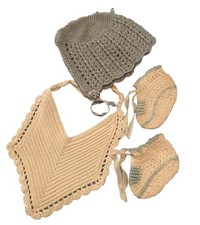 Vintage Crochet Baby Bonnet, Bib  Booties Trimmed In Blue