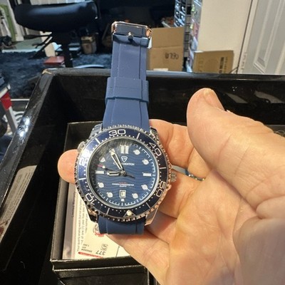 CAVEN DENTON Men's Quartz Diver Watch Blue Dial Date Blue Rubber Strap 44-47mm