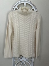 Marled MEDIUM Ivory 100 Cashmere Cable knit long sleeve mock neck sweater