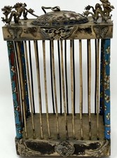 Antique Chinese Cloisonné Silver Cricket Cage Dragons Butterflies Enamel.