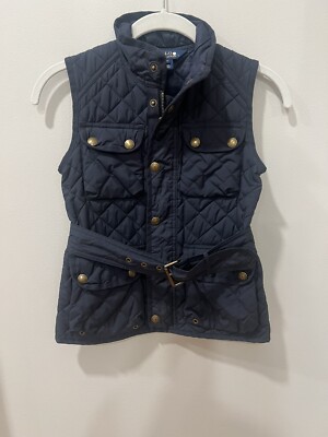 Polo Ralph Lauren Diamond Quilt Vest Girls S (7) Navy Blue Belt Pockets