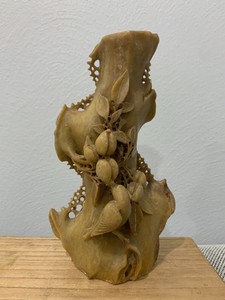 Antique Chinese Soapstone Carved Vase w/ Bird & Peaches Decoration