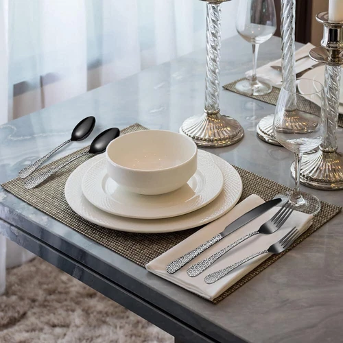 30tlg.Edelstahl Besteck Set Schwarz Matt für 6, Essbesteck mit Schachbrettmuster - Bild 9 von 11