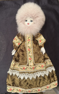 Vintage Russian Porcelain Doll 17.5in w/ Fox Fur Hat Traditional