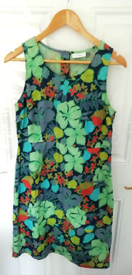 Adini 10 12 (S) Kleid dunkelblau grün gelb orange Blumen Crinkle gefüttert S/Reißverschluss