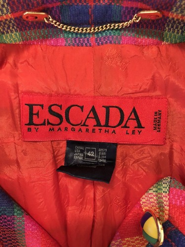 ESCADA Margaretha Ley EU 42 AU 14 90s Vtg Multicolour Check Linen Blazer Jacket - Picture 10 of 12
