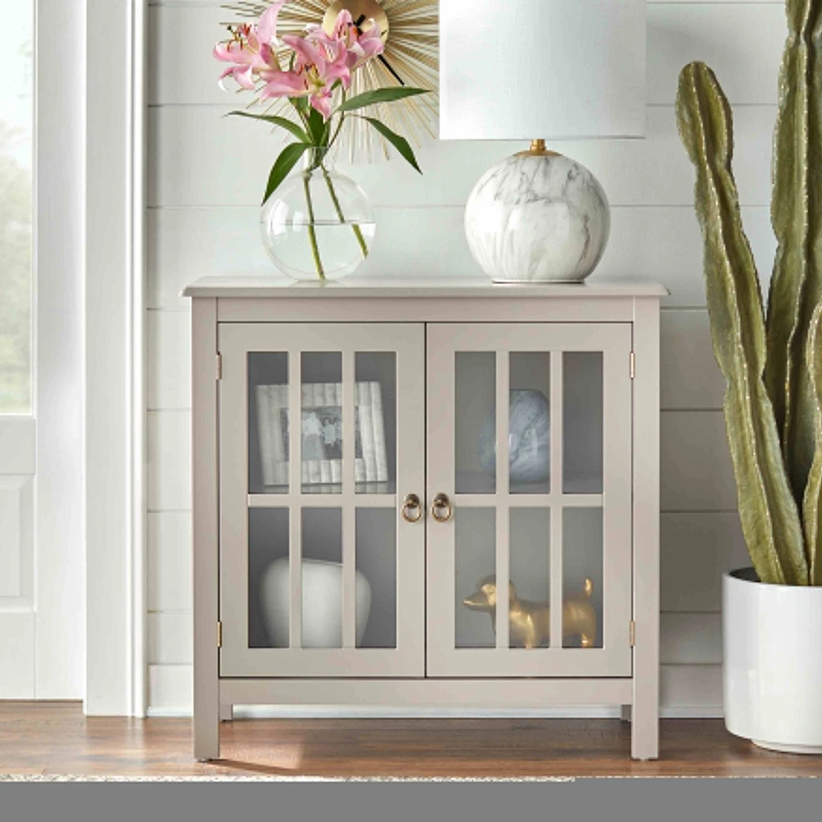 Light Beige Glass Door Storage Display Country Style Cabinet Hutch