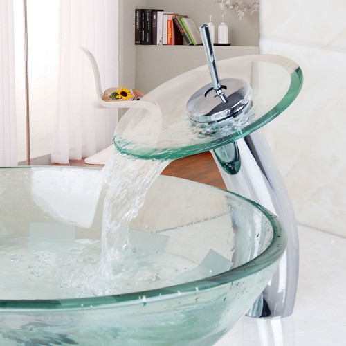 Lavabo de baño Lavabo Vidrio templado Mezclador de cascada generalizado Grifo de cromo - Imagen 5 de 10