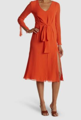 $2990 Akris Women's Orange V Neck Long Sleeve Tie Waist Midi Silk Dress Size 6