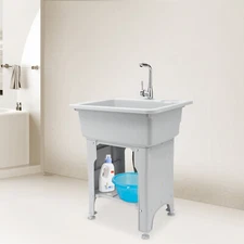 Utility Laundry Sink with Faucet & Storage Rack Freestanding Garage Sink Bowl