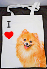 Dog Tote Bag White w/ I Heart/Love Pomeranian Soft Canvas Pocket Snap 17x14.5 5