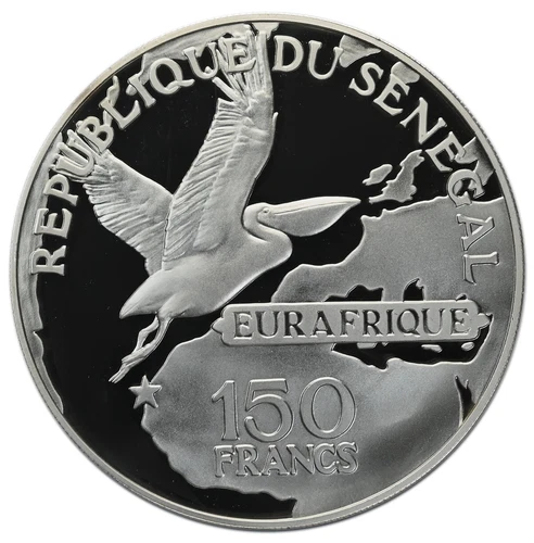 SENEGAL 150 Francs 1975 Silver 2.38oz Proof NGC PF67UC 'Pelican & Africa Map'