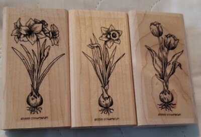 VTG stampin up 1999 ''bulbs in bloom'' Wood rubber stamps spring 3-3.75