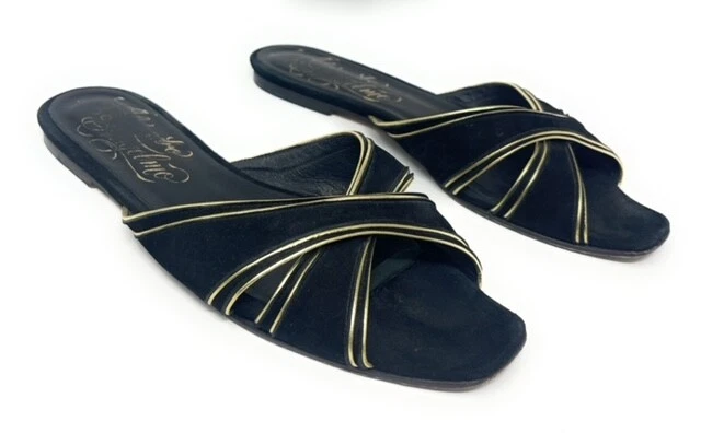 Alejandro Ingelmo Black Metallic Gold Suede Leather Slip On Slides Womens 40 EU — 第 4/4 张图片
