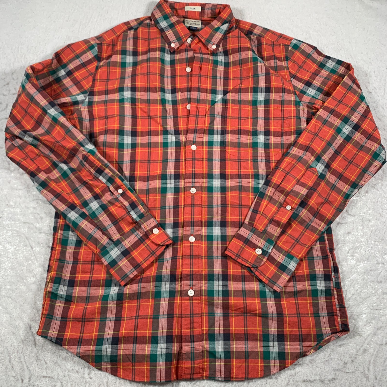 J. Crew Mens Small Button Down Shirt Orange Plaid Long Sleeve Slim