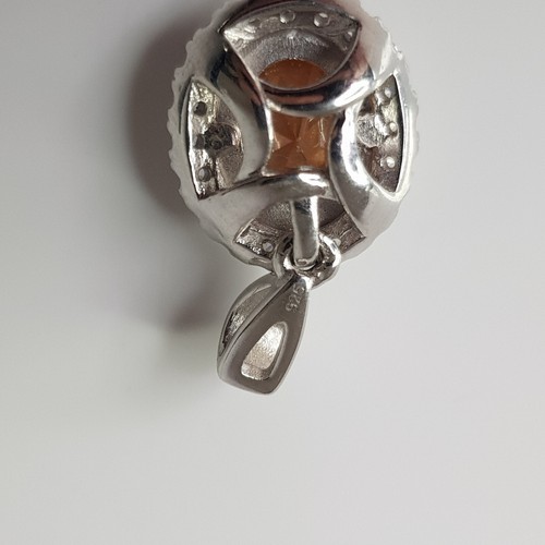 Sterling Silver 925 Designer Peach Amber CZ Gemstone Pave Set Oval Pendant - Picture 18 of 21