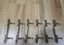 6 Vintage Diecast Brass Ivory Colored Cabinet Drawer Pulls With Hardware USED