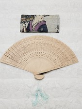 Set Sandalwood Folding Fan  Wallet Japanese Chinese Sensu Openwork Tassel Vntg
