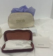 GUCCI Wine Velvet Hard Clamshell GlassCase Gold Shiny DIOR Makeup Bag SET of 2