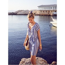 Sezane Dress Tassle Front Tie Mini in Blue Striped