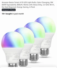 Amazon Basics Smart A19 Led Light Bulb, Color Changing, 9w (60w Equivalent)