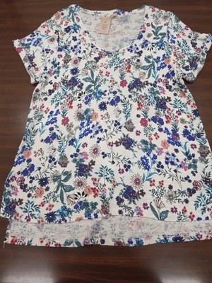 Philosophy Womens Floral Tee Medium White Blue Pink Short Sleeve Casual Top