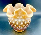 VTG Fenton Amber Cameo Opalescent Ruffled Hobnail Rose Bowl Vase