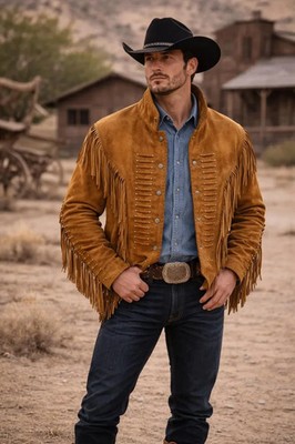 Men Western suede Leather Jacket Liberty Wear Bone Fringed Leather Jacket Coat