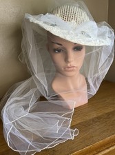 Vintage 80s Bridal Wedding Lace Derby Hat Pearls Floral Tulle Train Veil