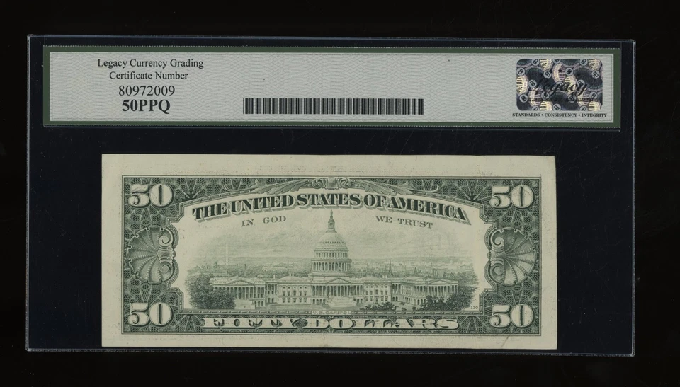 DBR 1990 $50 FRN New York Fr. 2124-B Legacy AU-50 PPQ Serial B85209516A - Image 2 of 2