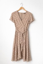 Roman Polka Dot Wrap Style Dress Size 10 Beige White Spots Midi Tea Dress