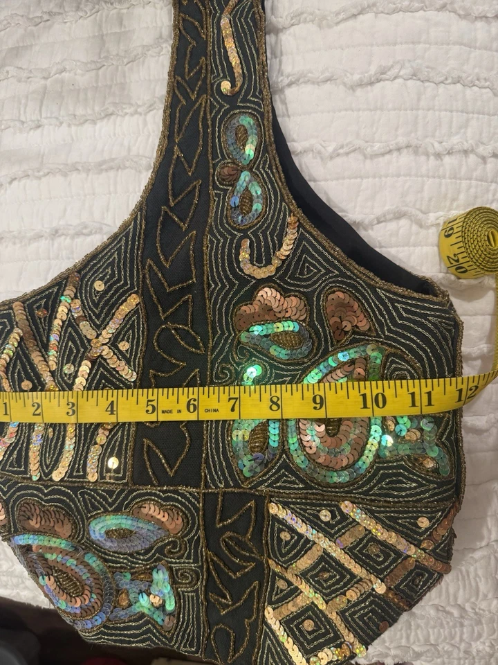 Bolso de Mano con Lentejuelas Cartera Tela Negra con Un Asa Boho Foto 3 de 4