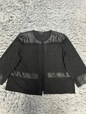 Ming Wang Jacket Women 2X Black Tweed Leather Knit Blazer Cardigan Career