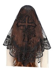 Catholic Mantilla Mass Veil - Triangle Cross Embroidery Church Lace Veil Black