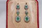 Vintage Circa 1990s 18k Gold Natural Diamond And Emerald Drop Earring
