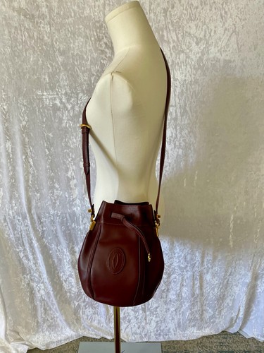 CARTIER Must Line Shoulder Bag Vintage 90s Leather Bordeaux Gold Authentic