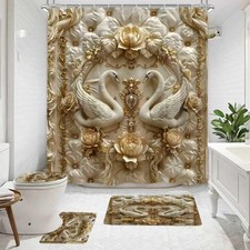4Pcs Luxury Swan Reliefs Printed Shower Curtain Set with 12 Hooks Non-Slip Ru...
