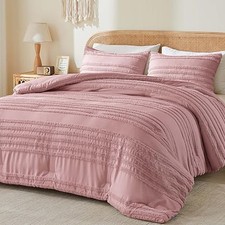Boho Comforter Set Size Tufted Striped Bed Set 3 Pieces, Soft Queen Dusty Pink