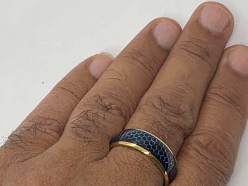 8mm Tungsten Carbide Domed Yellow Gold IP Blue Honeycomb Cutout Band Ring 7-15 - Picture 5 of 12