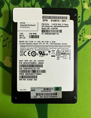 HPE 3.84TB SSD PM1633a MZ-ILS3T8N AREA3840S5xnNTRI 874431-003