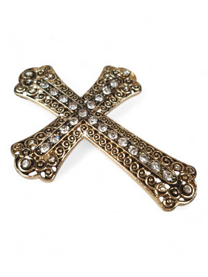 Large Antiqued Gold Tone Clear Rhinestone Ornate Cross