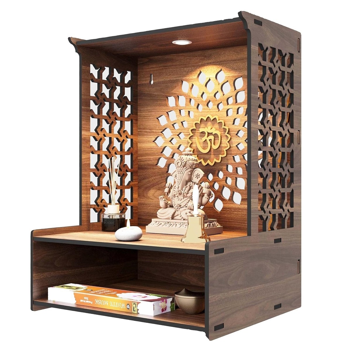 Devyom Handgemaakte Houten Tempel Witte LED Licht Mandir voor Thuis en Kantoor|Home Temple | Puja Mandir |Wandopknoping & Tafelblad Home Mandir-White