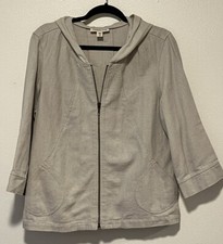 Coldwater Creek Hooded Linen Zip Jacket Size Medium 10-12 Oatmeal 3/4 Sleeve