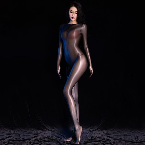 Women's Sheer Oil Shiny Glossy Bodysuit Crotchless Catsuit Nylon Footed Jumpsuit - Picture 12 of 19