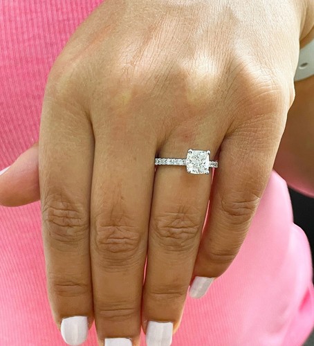 14K SOLID WHITE GOLD CUSHION CUT SIMULATED DIAMOND ENGAGEMENT RING HALO 1.75CT - Picture 3 of 12